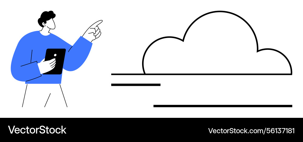 Man with tablet gesturing towards cloud Man with tablet gesturing towards cloud vector image