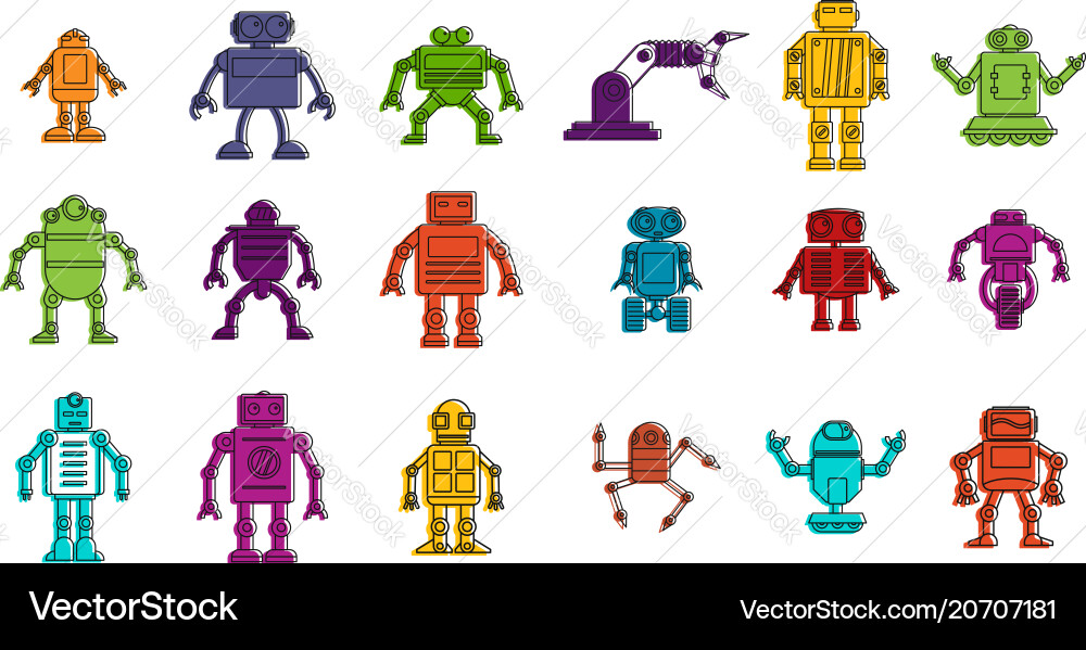 Robot icon set color outline style Robot icon set color outline style vector image