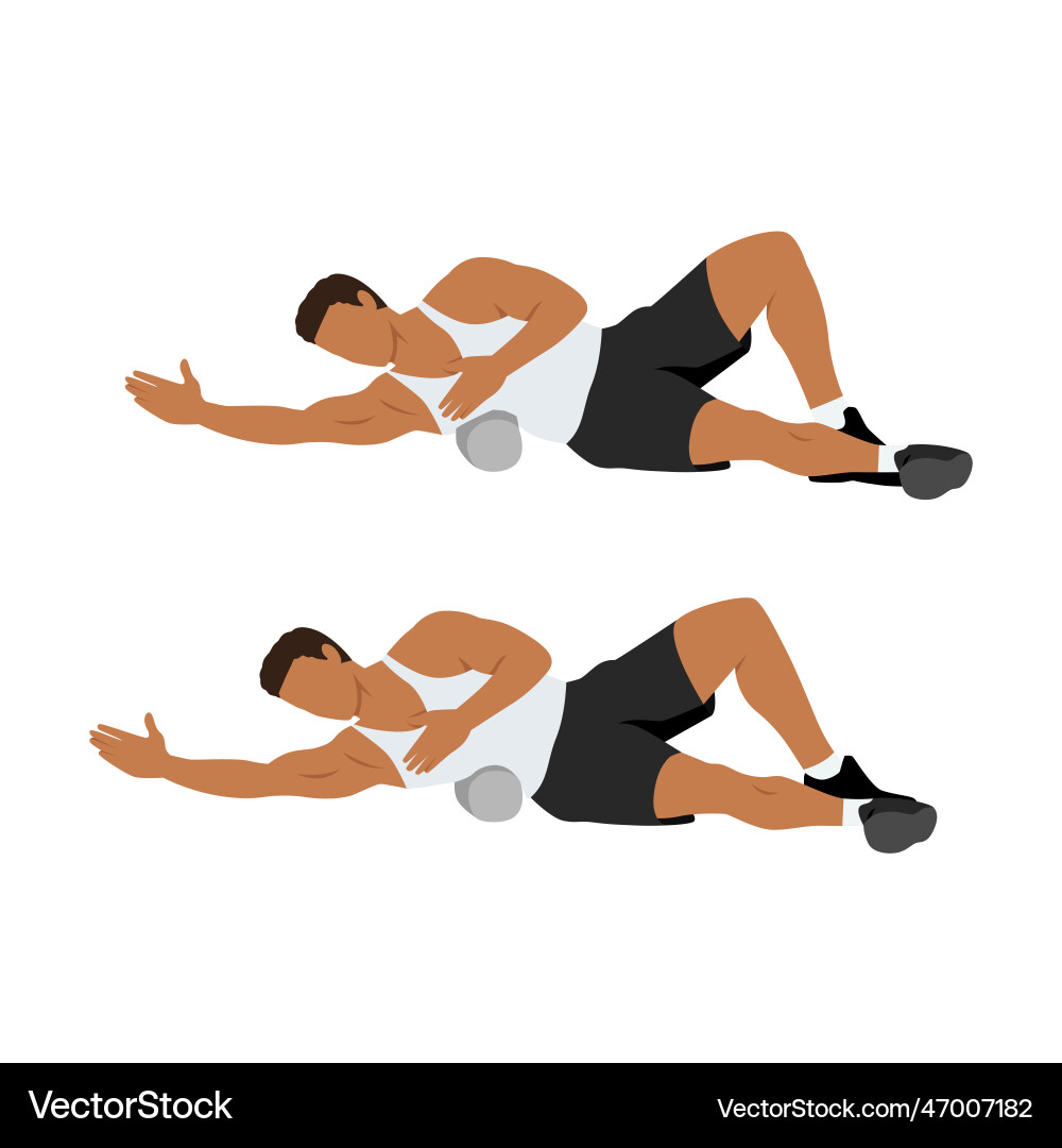 Man doing foam roller lat stretch exercise Man doing foam roller lat stretch exercise vector image