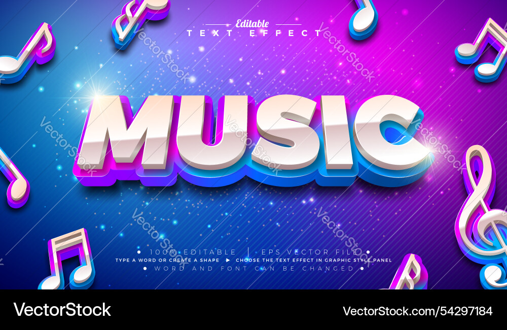 3D Music Text Effect - Gradient & Notes vector image