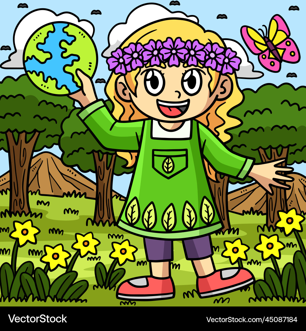 Earth day girl in forest colored cartoon Earth day girl in forest colored cartoon vector image