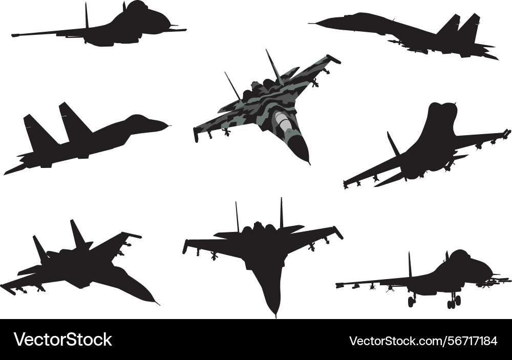 Military aircrafts flying silhouettes Military aircrafts flying silhouettes Vector Image