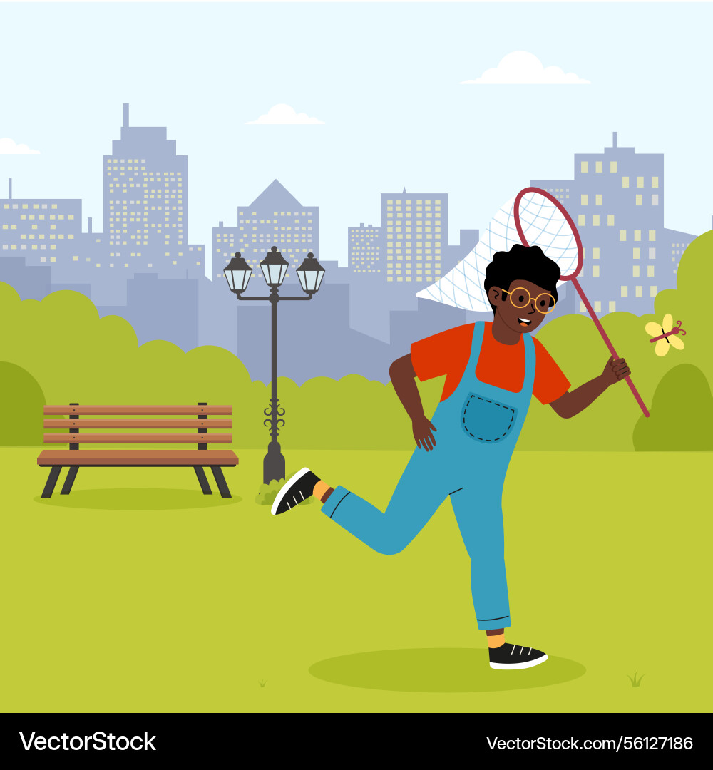 Child running in park with butterfly net Child running in park with butterfly net vector image