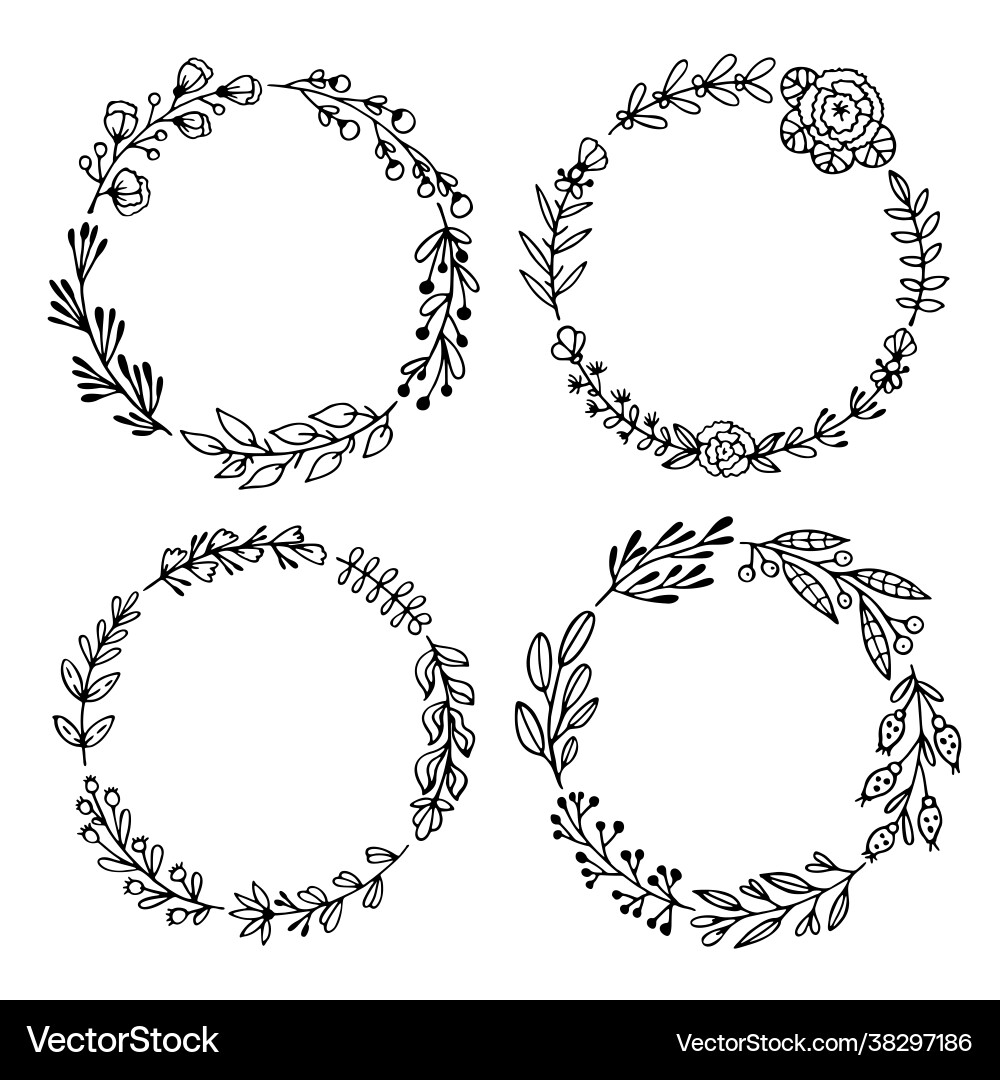 Set black hand-drawn wreaths on white Set black hand-drawn wreaths on white vector image