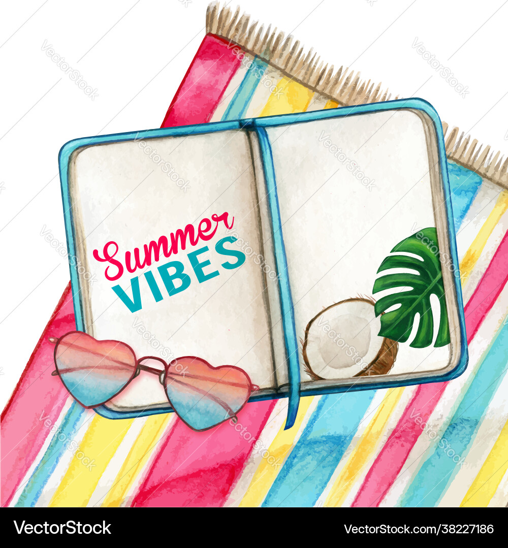 Watercolor diary on beach towel with heart glasses Watercolor diary on beach towel with heart glasses vector image