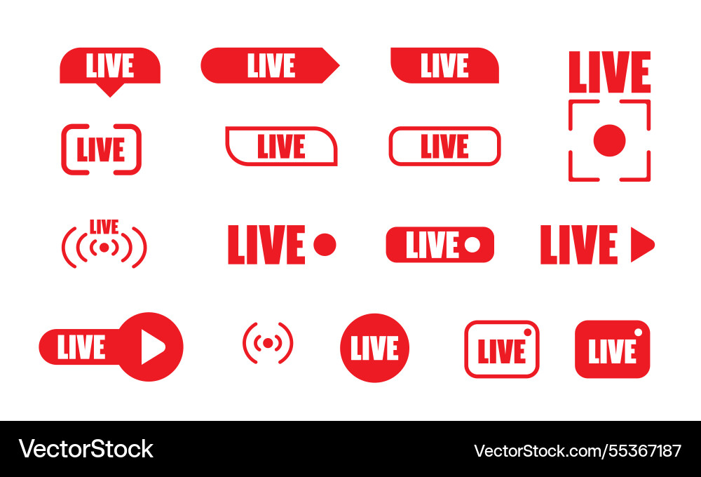 Large set of red buttons for streaming live Large set of red buttons for streaming live vector image