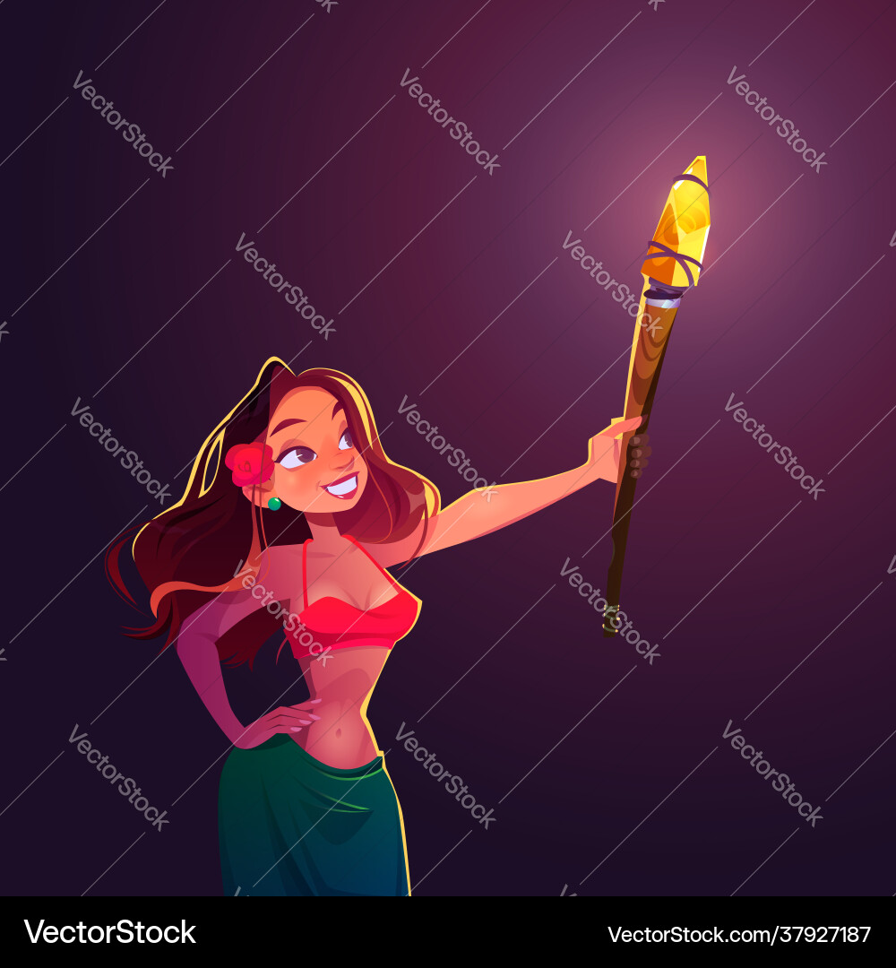 Young woman holding lighting torch night party Young woman holding lighting torch night party vector image