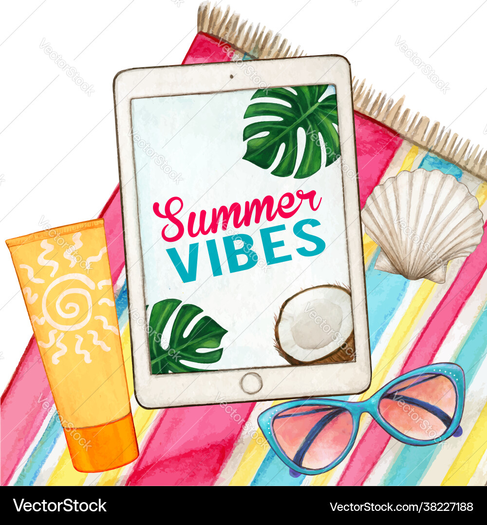 Aquarell Tablet PC am Strand Handtuch mit Brille Aquarell Tablet PC am Strand Handtuch mit Brille vektorbild