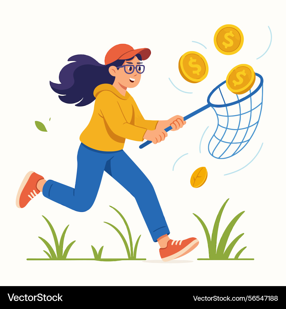 Person running to catch coins with net on white vector image