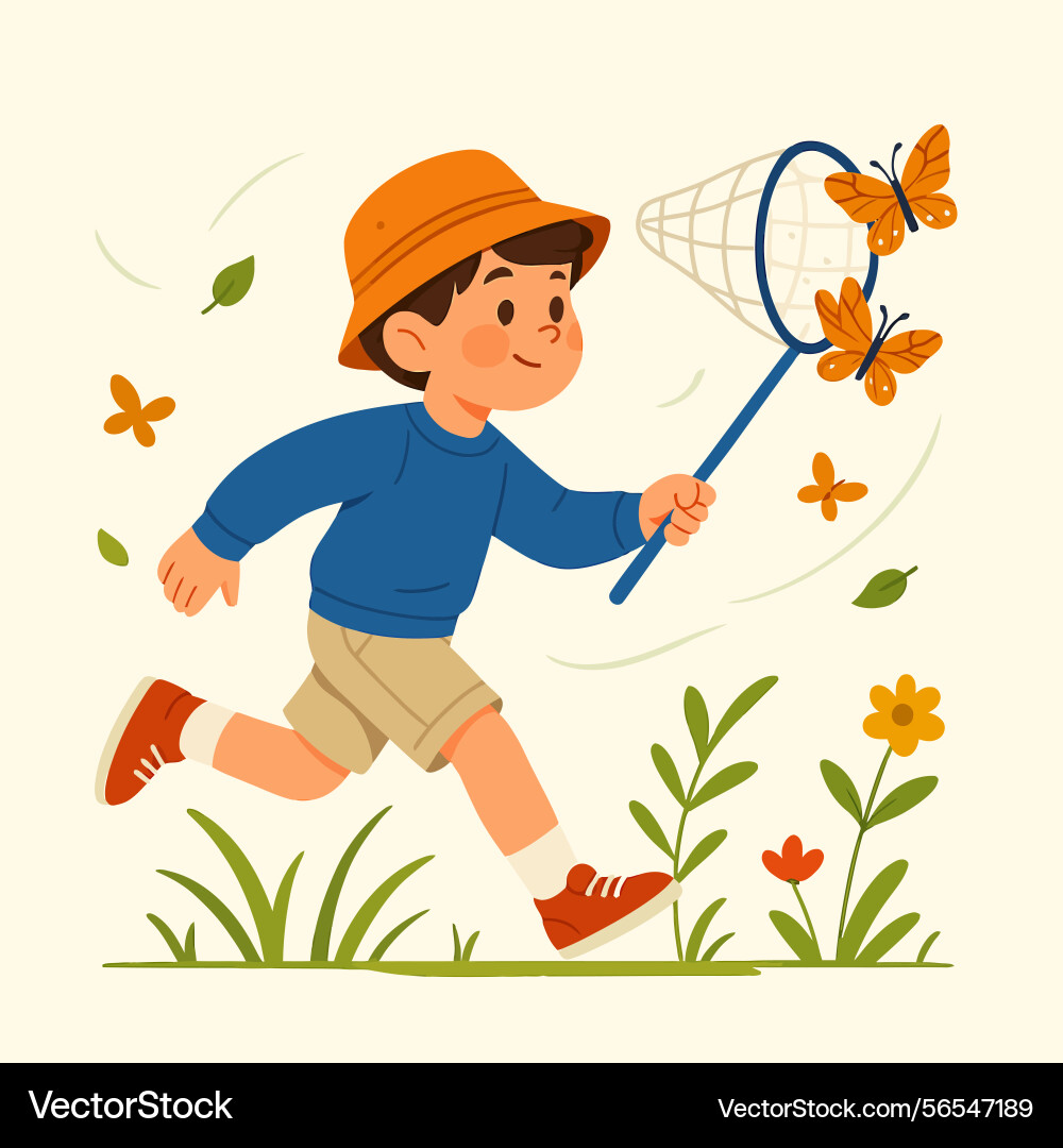 Boy running with butterfly net capturing insects vector image