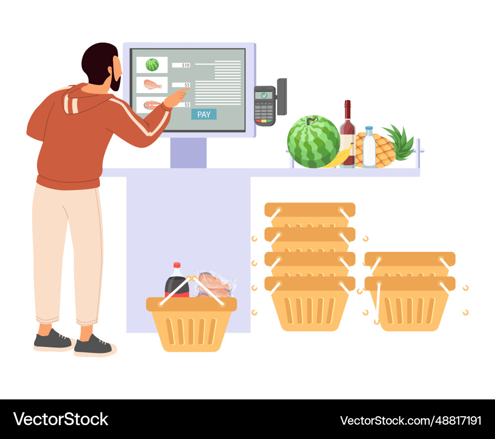 Man using contactless self-service shop store Man using contactless self-service shop store vector image