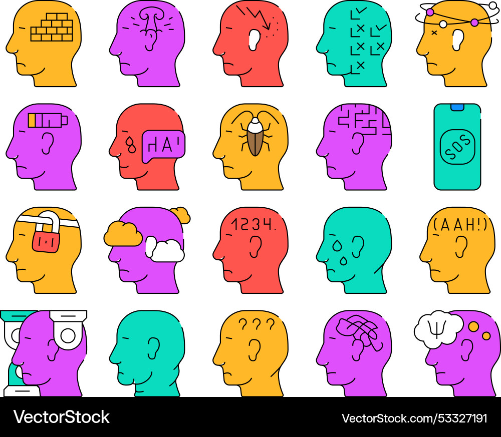 Neurosis brain problem collection icons set Vector Image