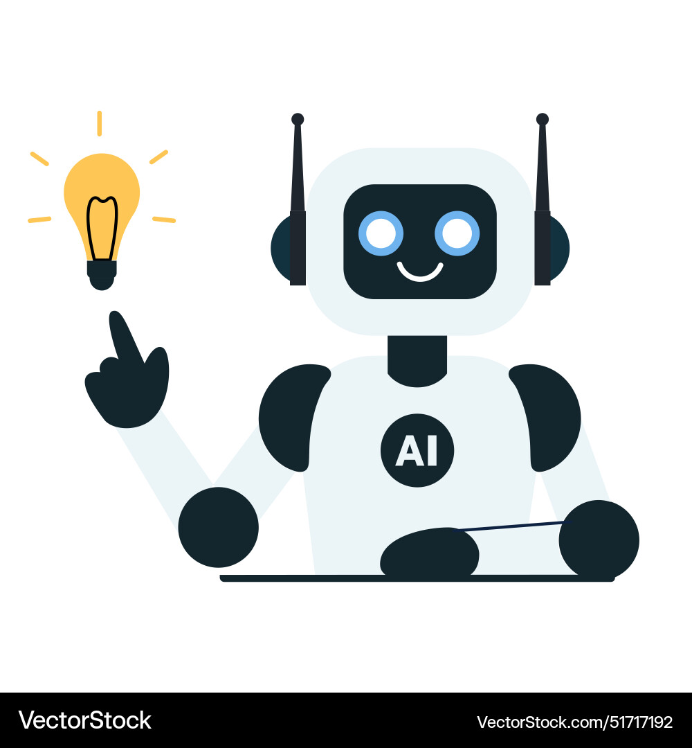 Robot points to the light bulb and develops Robot points to the light bulb and develops vector image