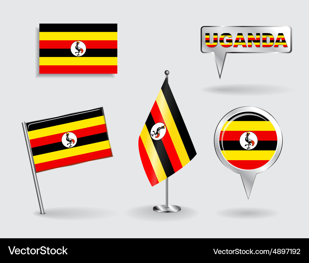 Set of ugandan pin icon and map pointer flags vector image