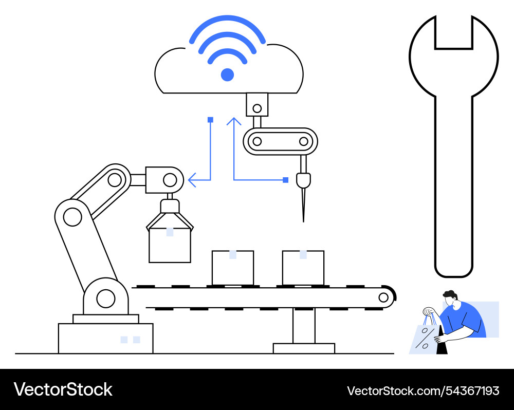 Automated manufacturing concept with robotics Vector Image