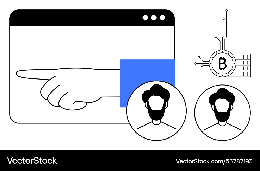 Hand pointing with bitcoin symbol and two profile Hand pointing with bitcoin symbol and two profile vector image