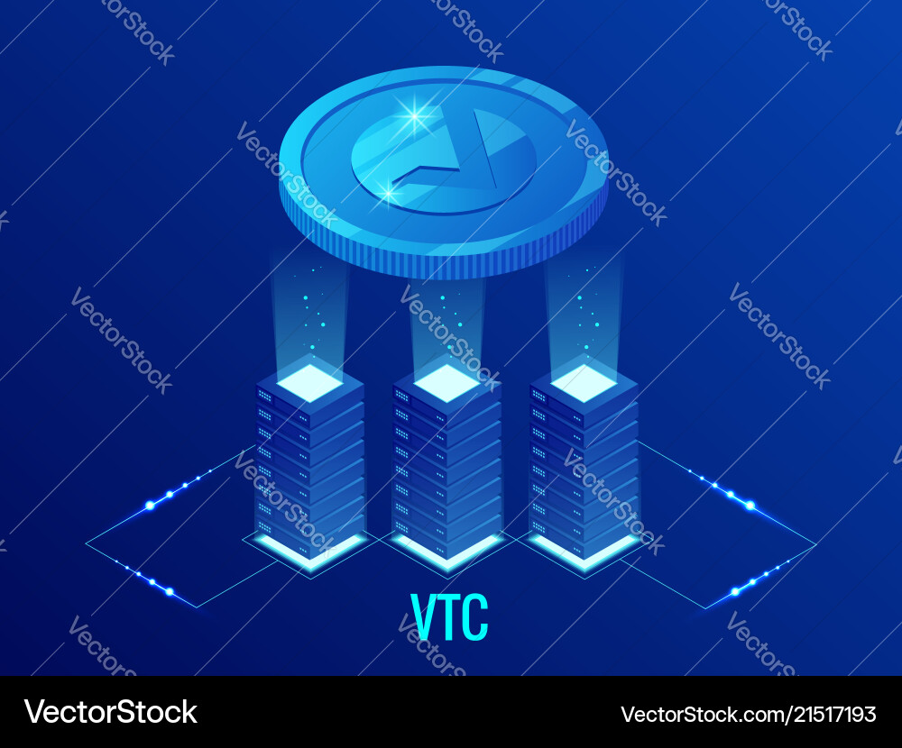 Isometric vertcoin vtc cryptocurrency mining farm Isometric vertcoin vtc cryptocurrency mining farm vector image