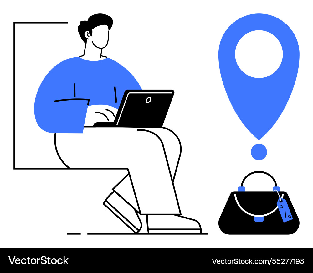 Man tracking lost bag with laptop using navigation vector image