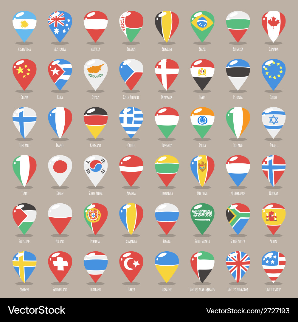 Set of flat map pointers with world states flags vector image
