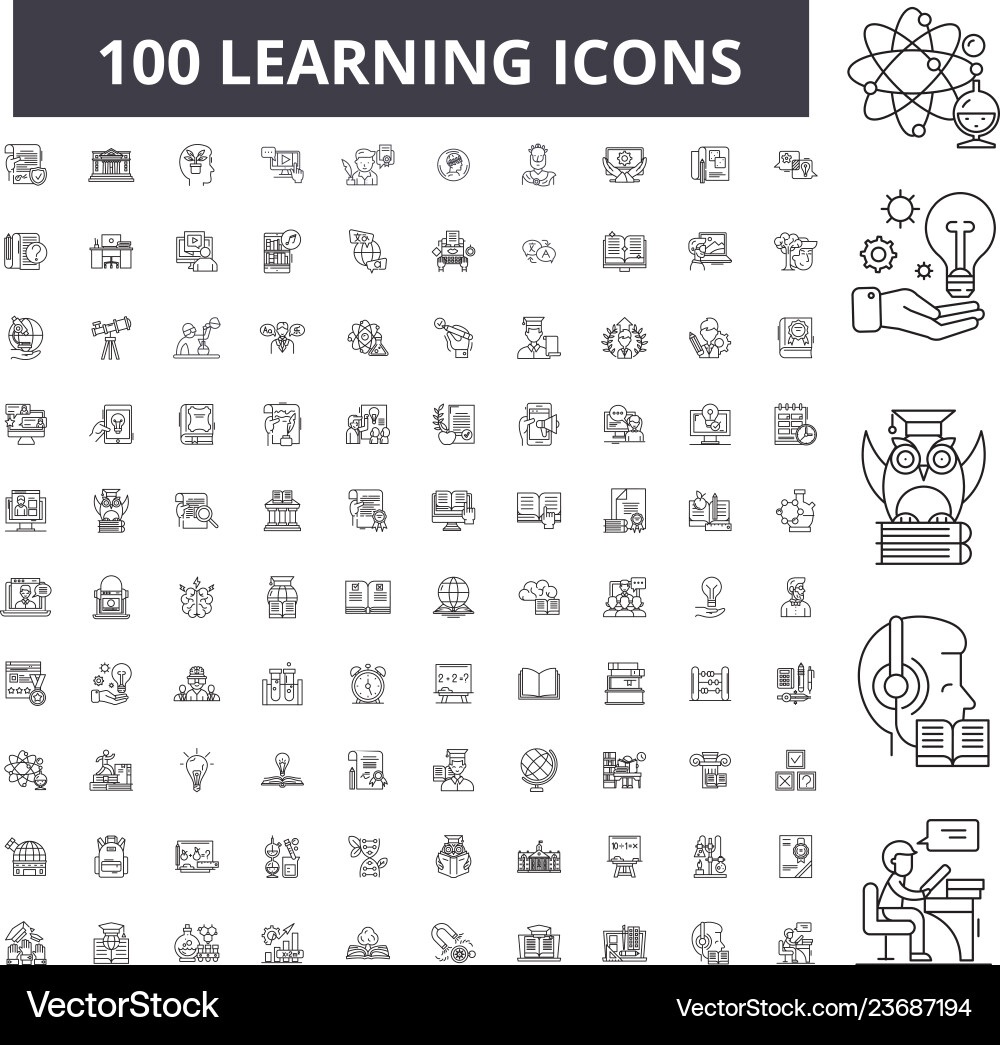 Editable Learning Line Icons - 100 Set vector image