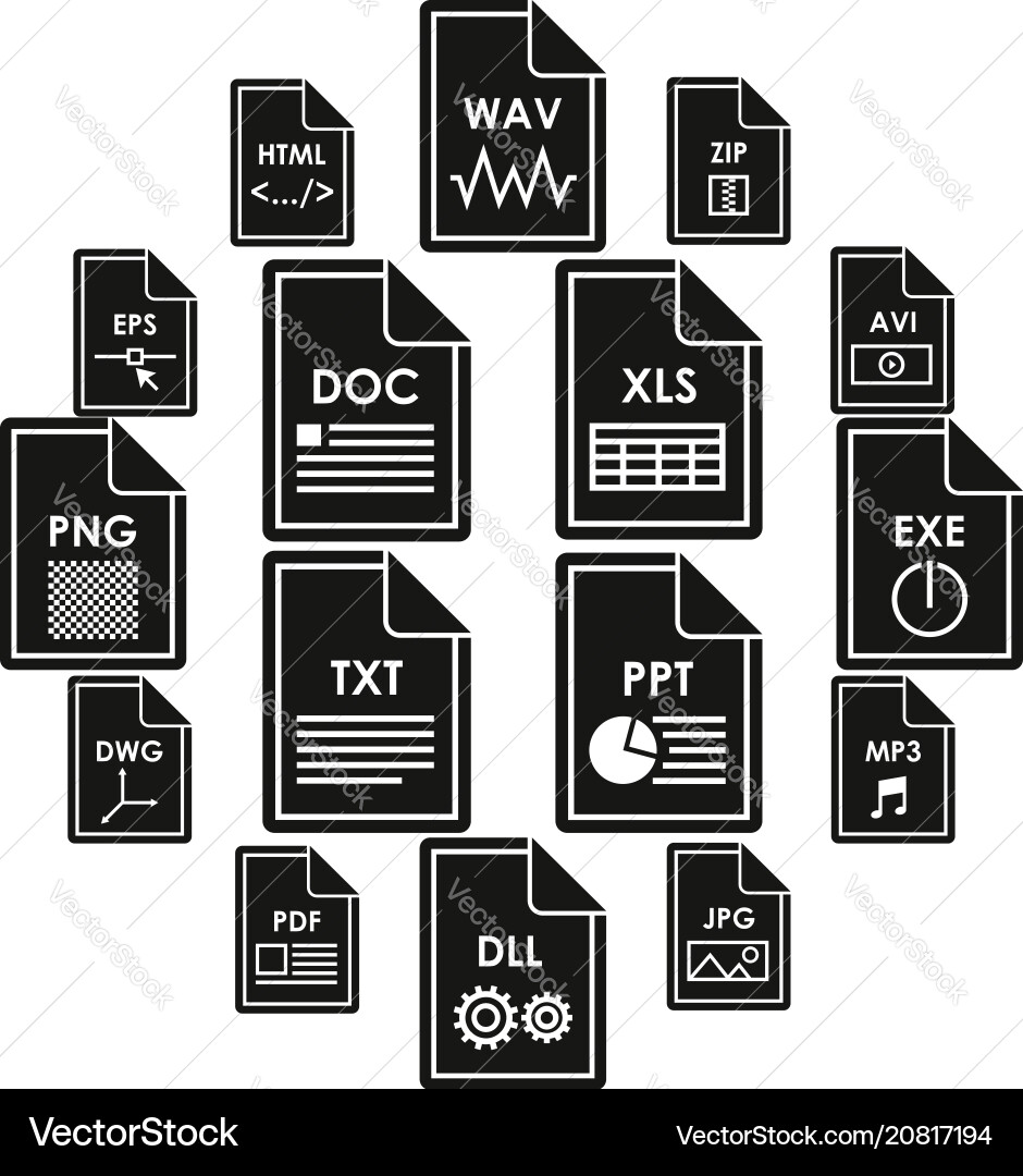 File format icons set simple style File format icons set simple style Vector Image