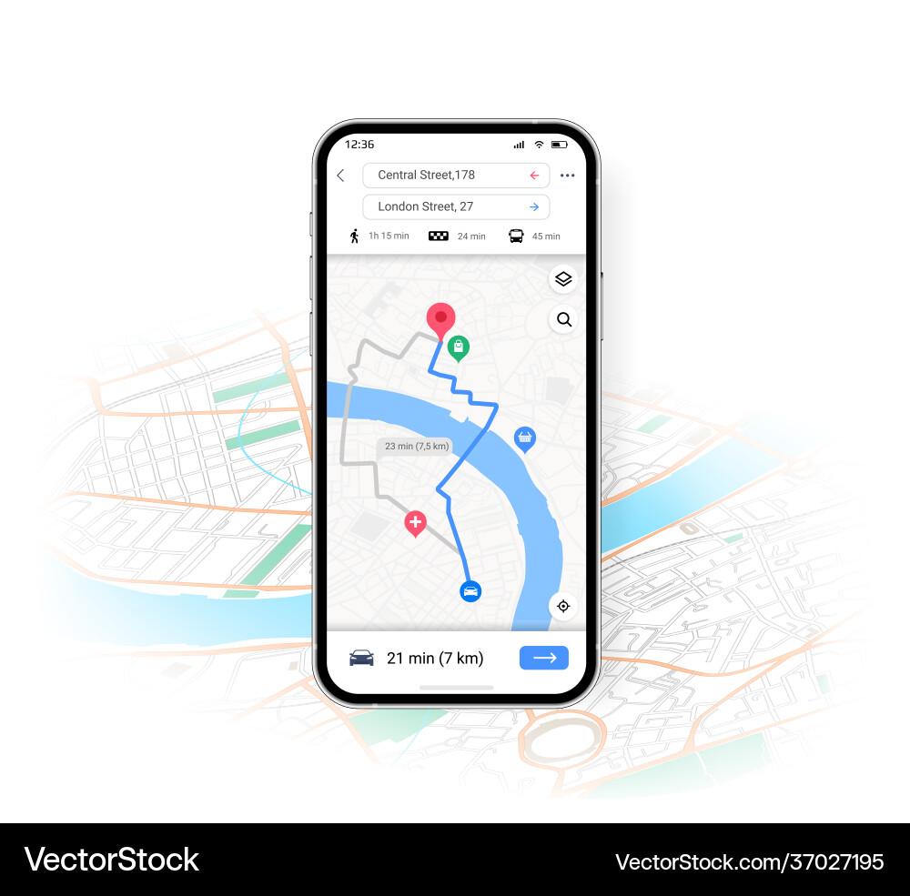Phone map ui mobile application with transport Phone map ui mobile application with transport vector image