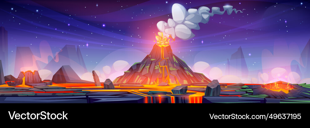 Volcanic eruption on night rocky landscape Vector Image