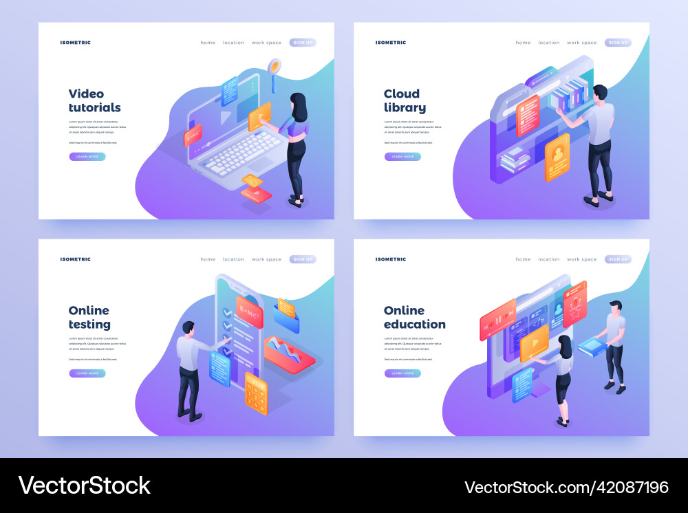 Online education isometric landing page templates Online education isometric landing page templates vector image