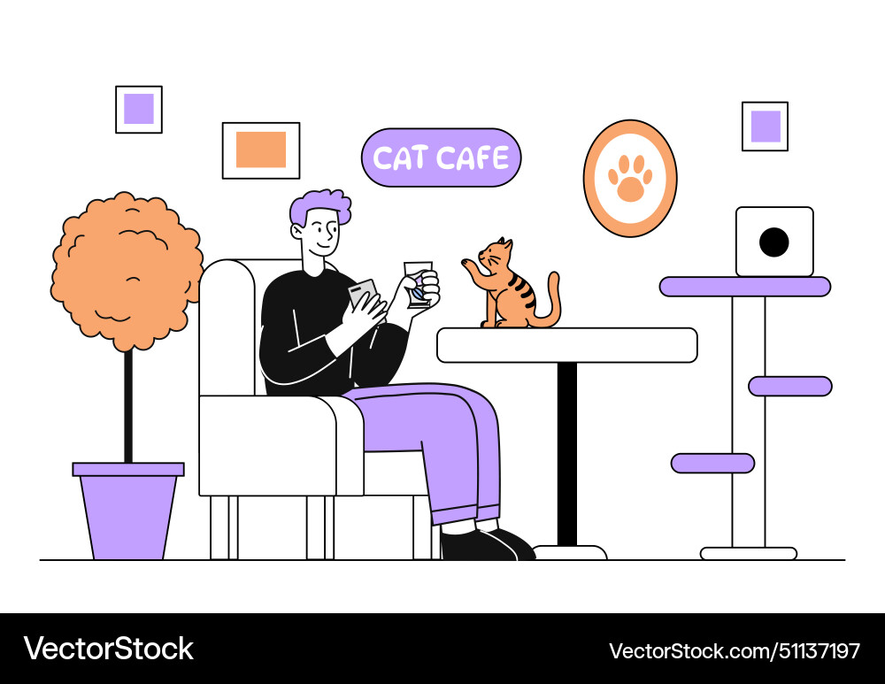 Man in cat cafe linear Man in cat cafe linear Vector Image