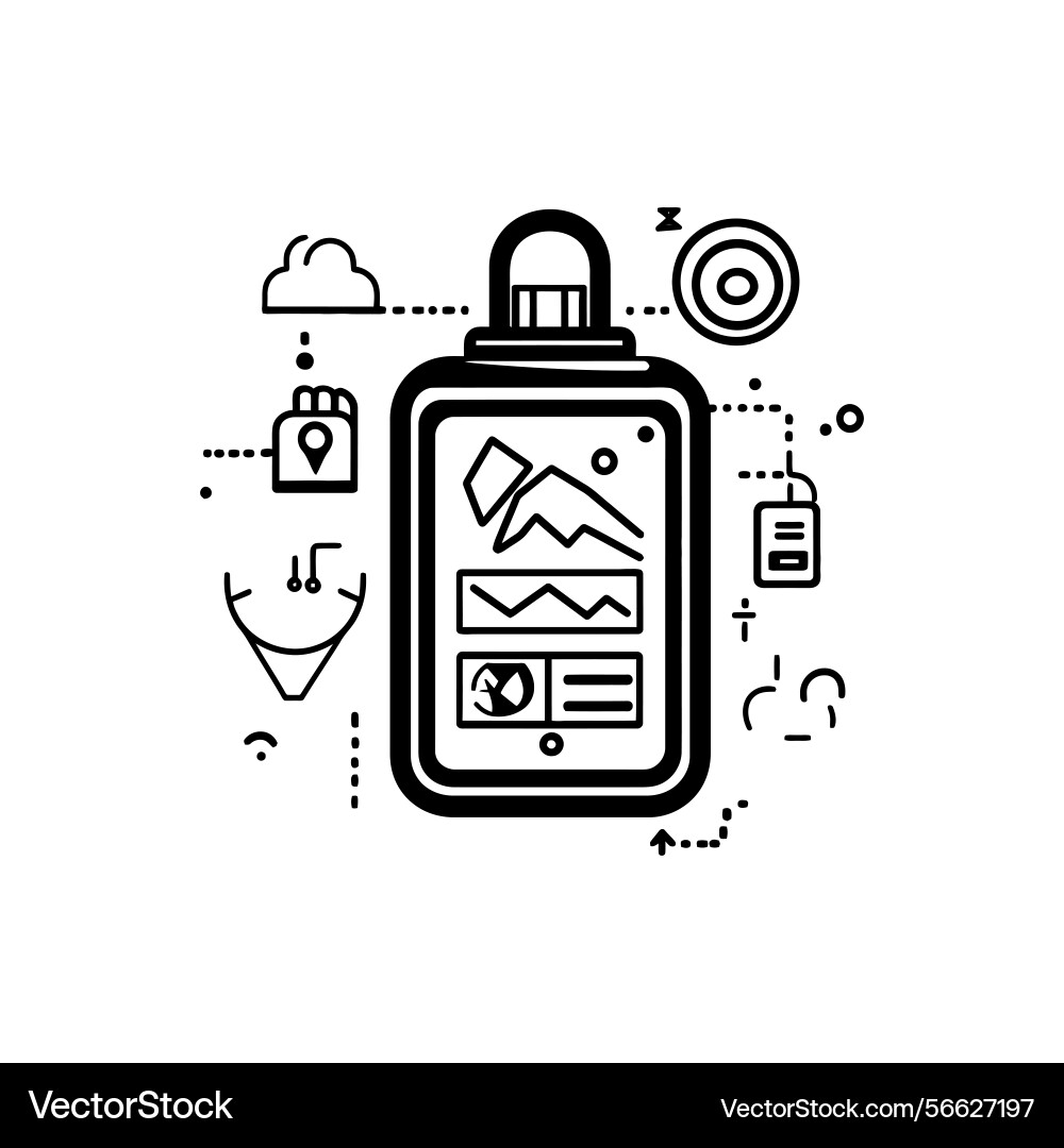 Outline tablet with mountain graphs and location vector image