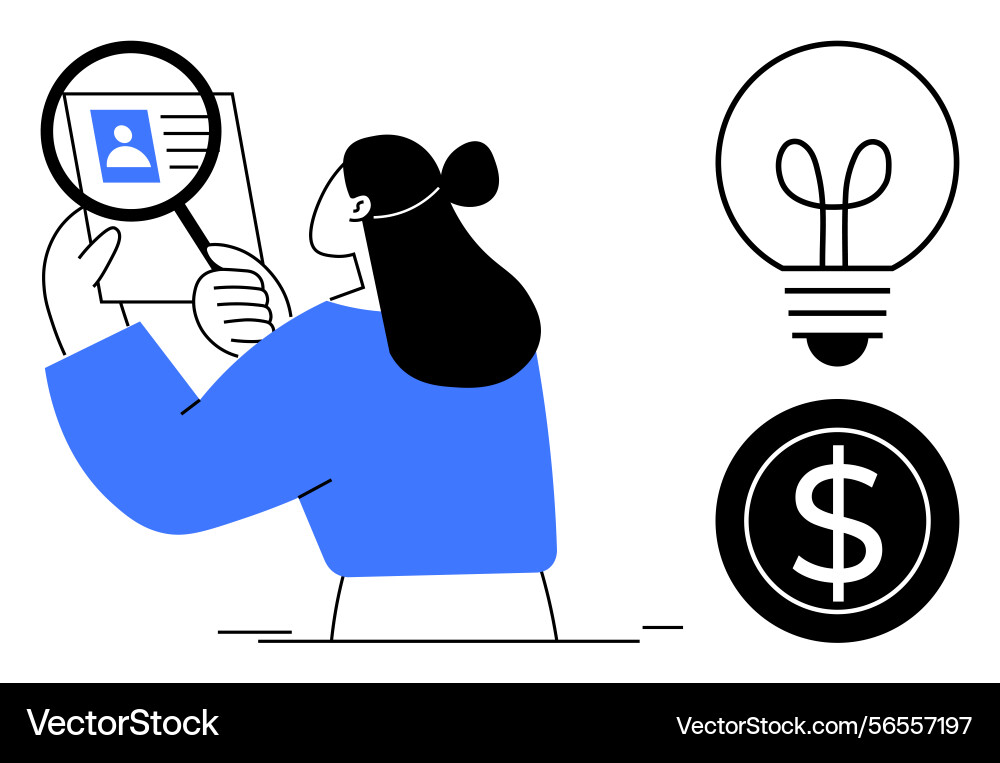 Woman analyzing id with magnifying glass alongside Vector Image