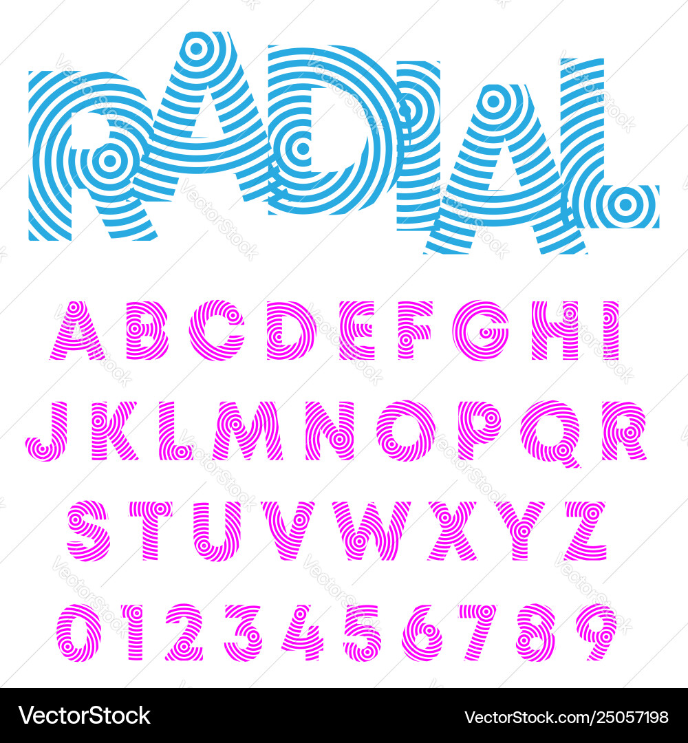 Radial alphabet font letters and numbers circular Radial alphabet font letters and numbers circular Vector Image