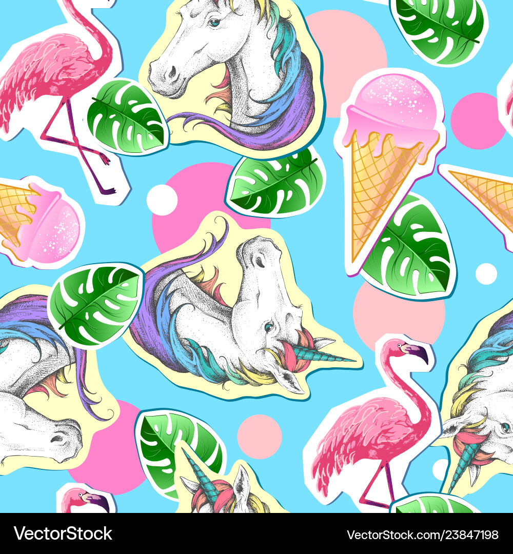 Unicorn & Flamingo Summer Pattern Vector Image