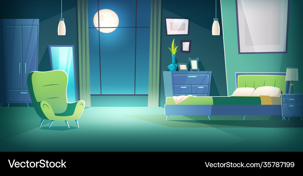 Schlafzimmer innen bei Nacht mit Mondlicht Cartoon Schlafzimmer innen bei Nacht mit Mondlicht Cartoon vektorbild