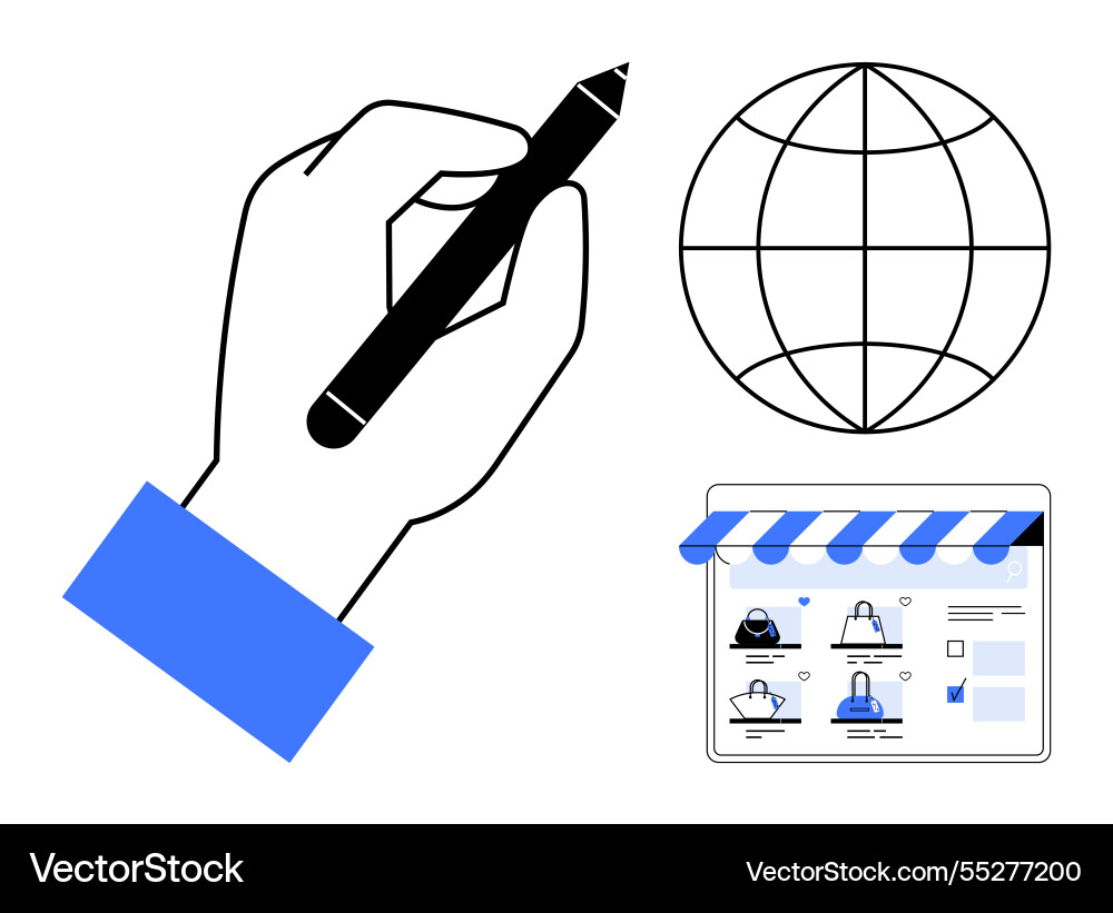 Hand drawing pen near globe and online storefront Hand drawing pen near globe and online storefront Vector Image