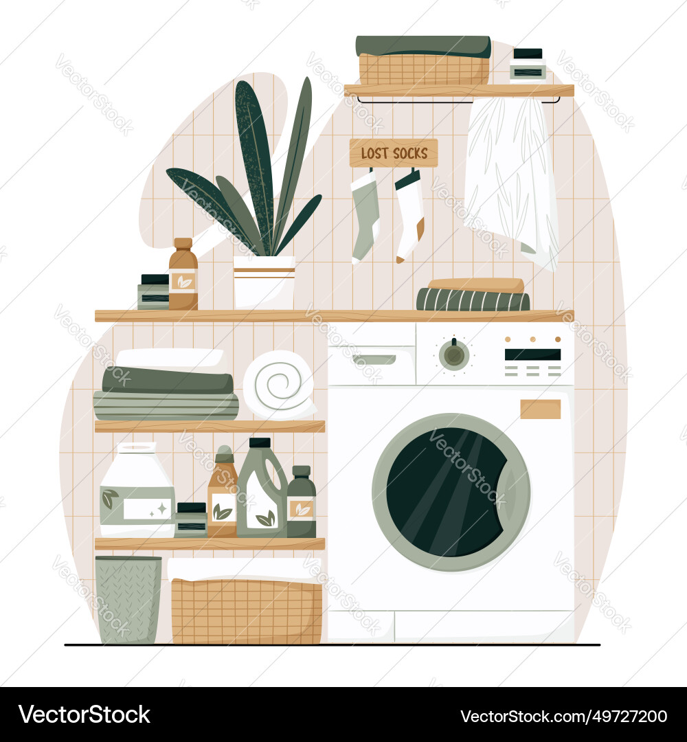 Laundry room with washing machine basket Laundry room with washing machine basket Vector Image