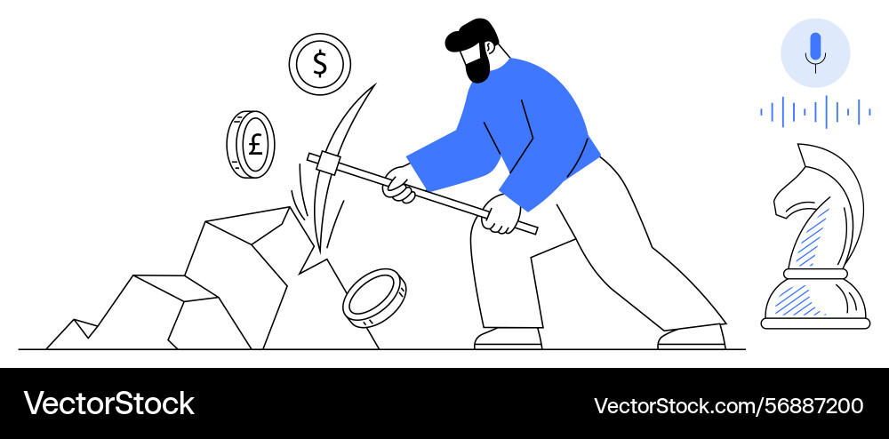 Man mining currency symbols with pickaxe near Vector Image