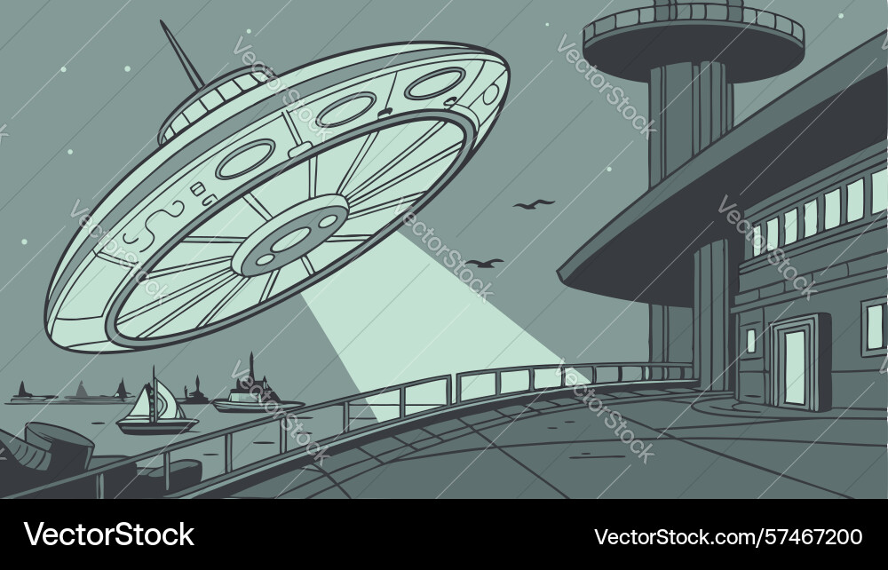 Ufo hovering over modern structure future Vector Image