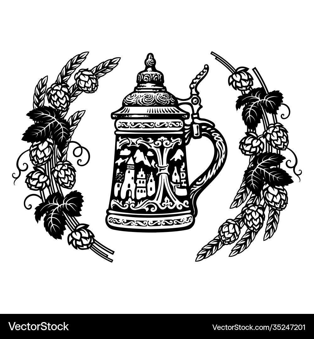 German Beer Stein with Hop Branches – Royalty-Free Vector | VectorStock, image size:1000x1080