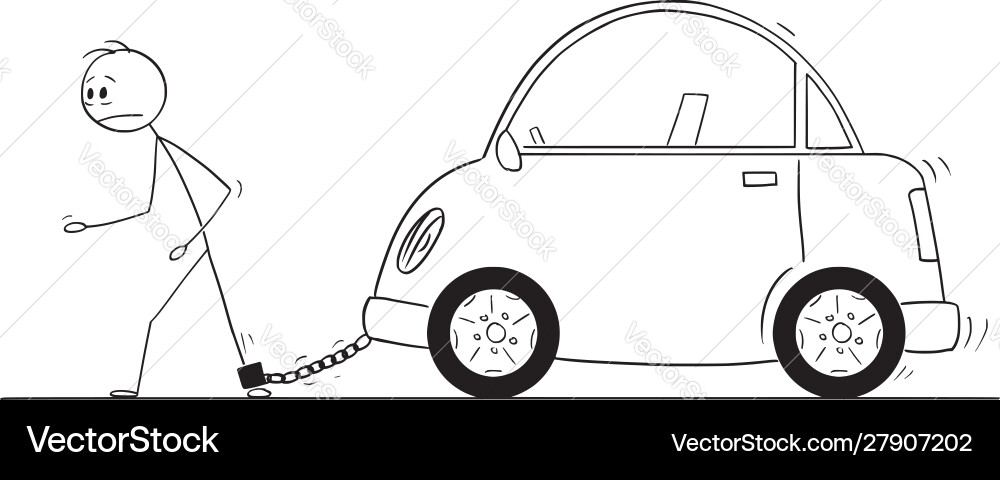 Cartoon man chained to his car concept Cartoon man chained to his car concept vector image