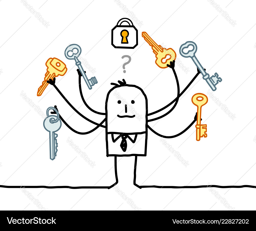 Cartoon man with multi keys and solution vector image