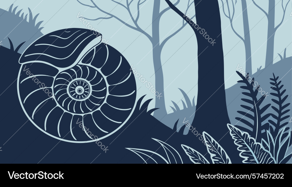 Fossilized snail shell in dark mystical forest vector image