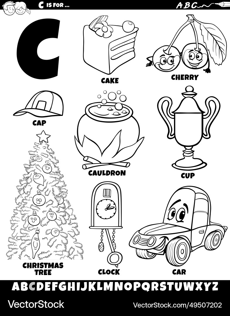 Letter c set with cartoon objects and characters Letter c set with cartoon objects and characters vector image