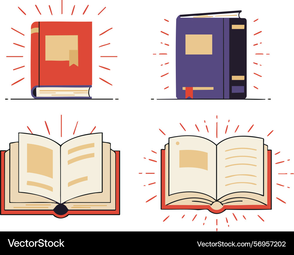 Set of four open and closed books with red Vector Image