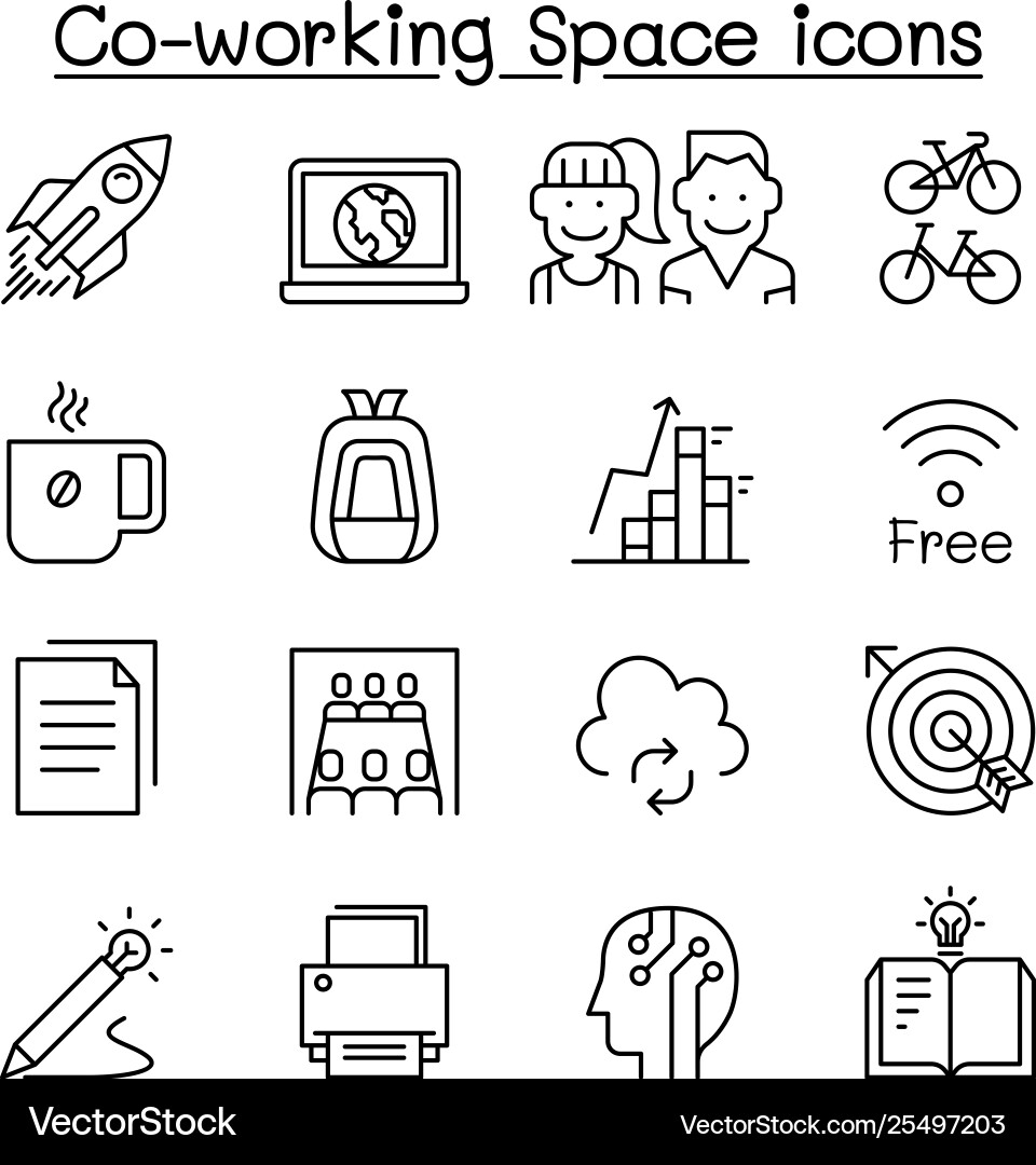 Co-working space icon set in thin line style Co-working space icon set in thin line style vector image