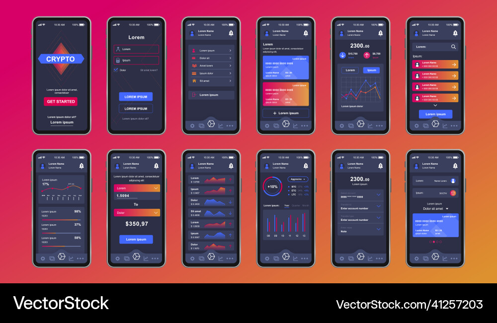 Cryptocurrency unique design kit for mobile app Cryptocurrency unique design kit for mobile app Vector Image