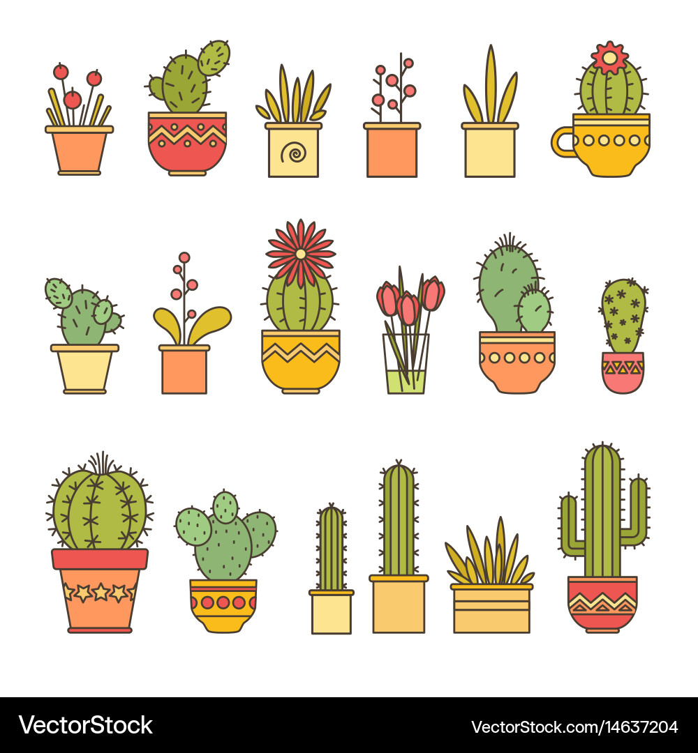 Linear design cacti and flowers in pots elements vector image