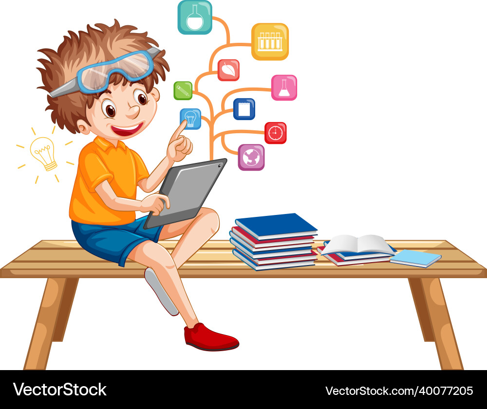 Boy sitting on couch learning from tablet Vector Image