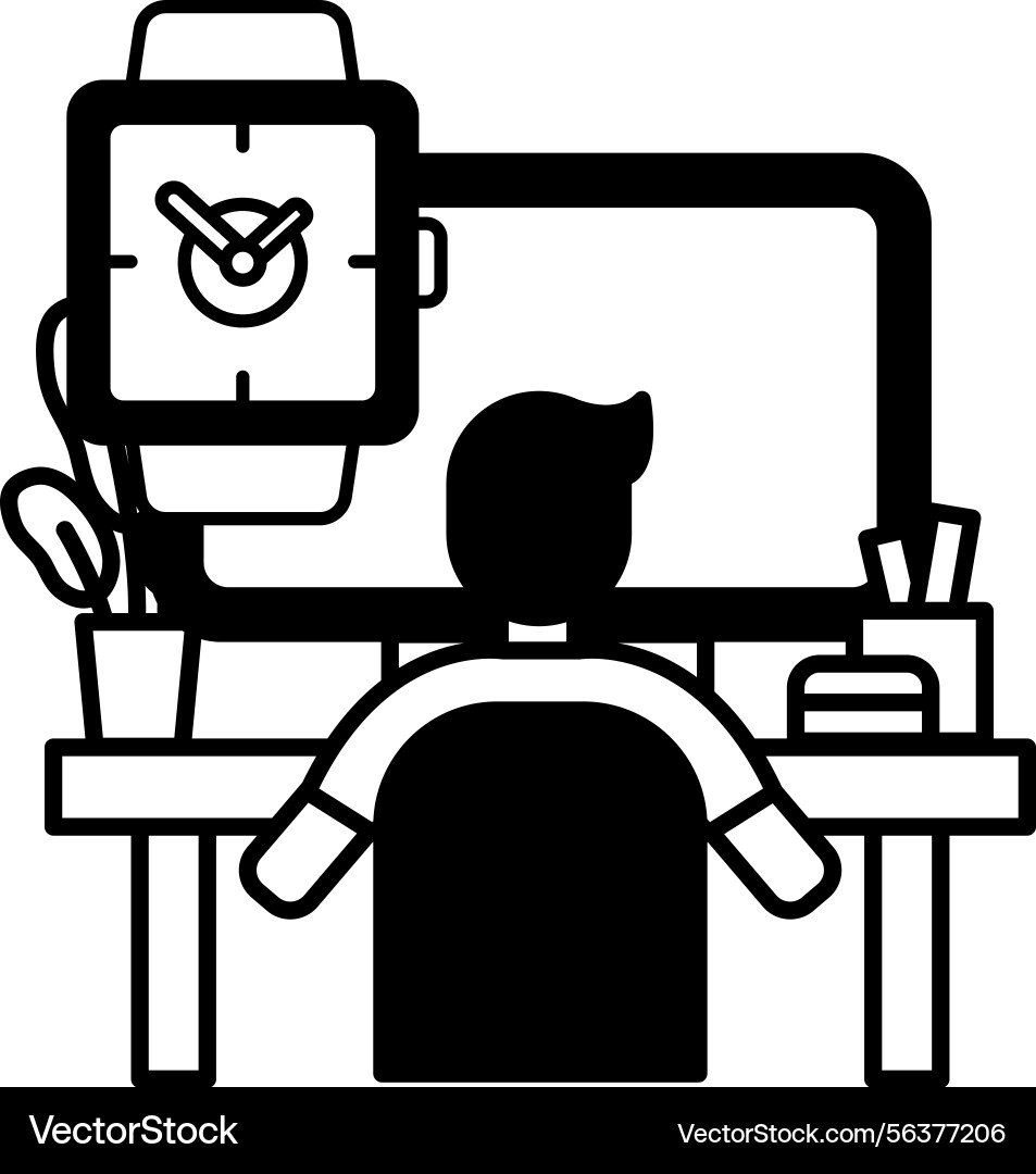 Man is sitting at a desk with computer monitor Man is sitting at a desk with computer monitor vector image