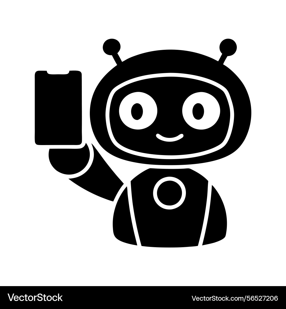 Robot holding a smartphone in hand with smiling Robot holding a smartphone in hand with smiling Vector Image
